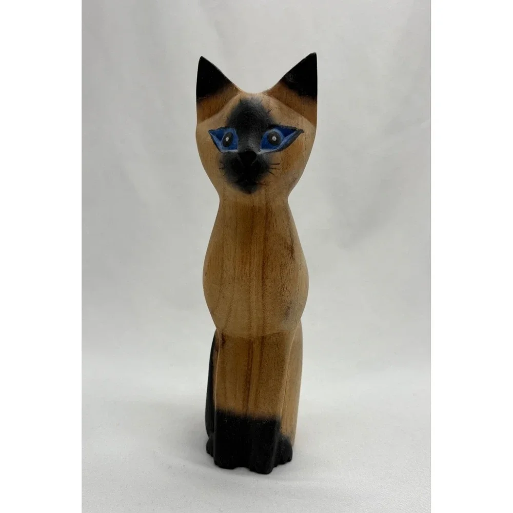 7'' Wood Siamese Cat Hand Carved Painted Figurine Made in Indonesia Blue Eyes